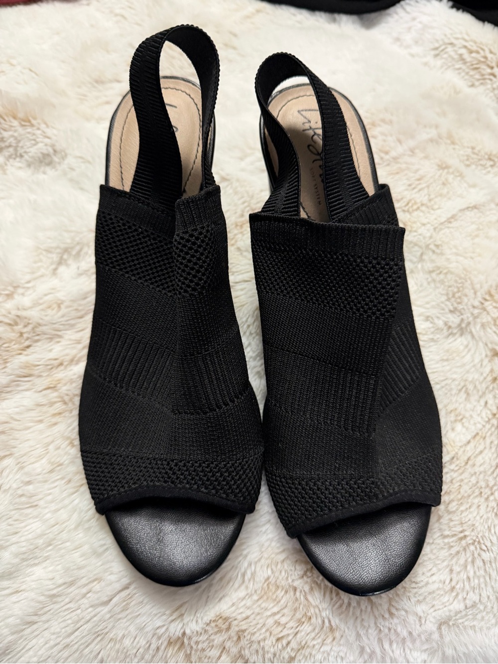Life Stride Black Knit Slingback Peep-Toe Sandals